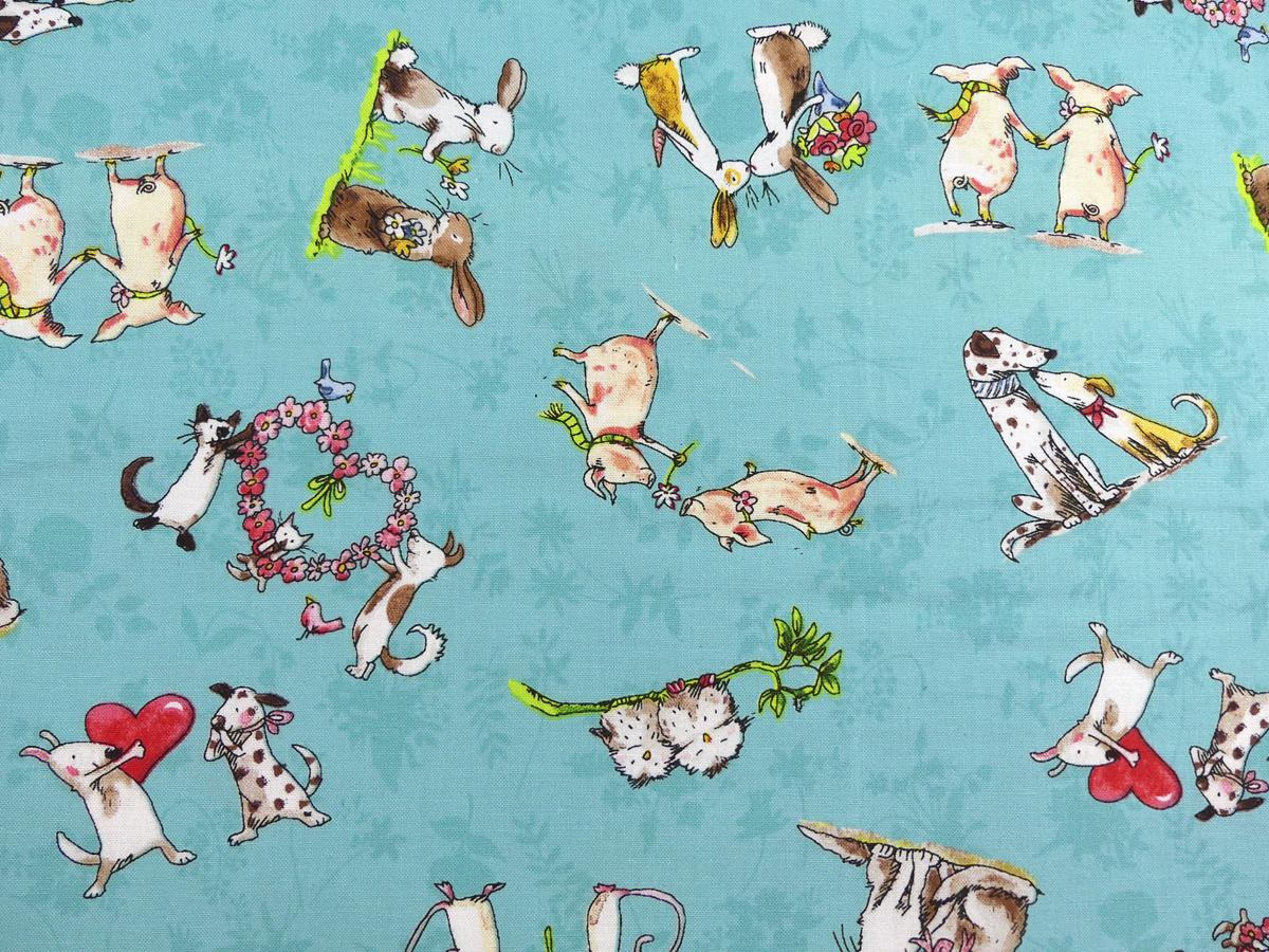 Patchworkstoff türkis mit süßen Tieren und Herzen, Untergrund türkis